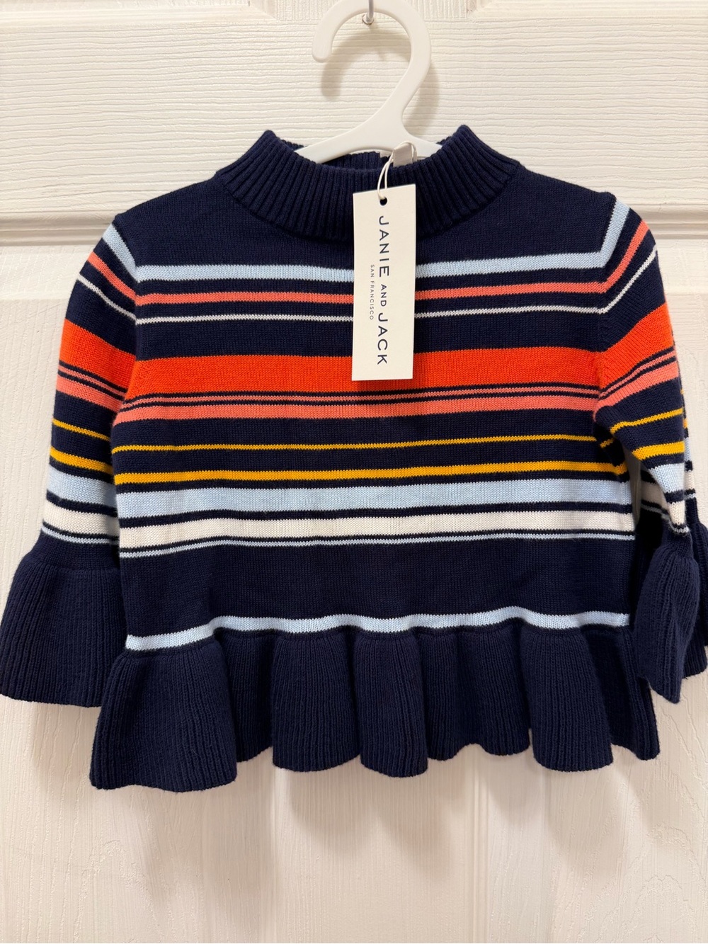 Janie and Jack Navy Multicolor Striped Ruffle-Hem Sweater